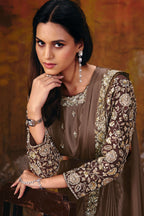 Brown embroidered saree blouse closeup with sequin embroidery detail