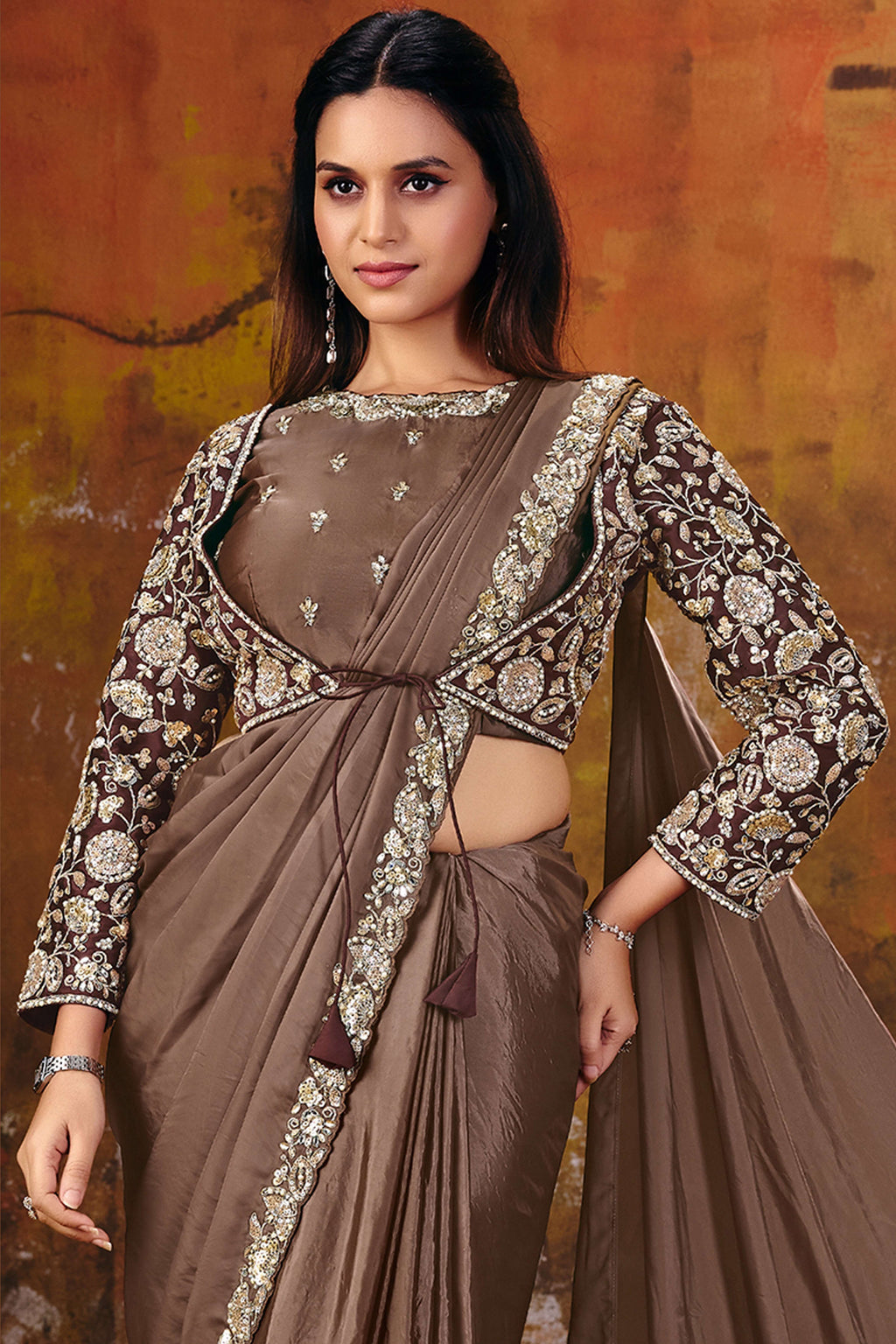 Brown satin silk saree full view with elegant pallu drape