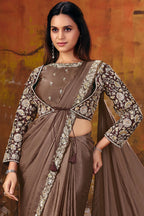 Brown satin silk saree full view with elegant pallu drape