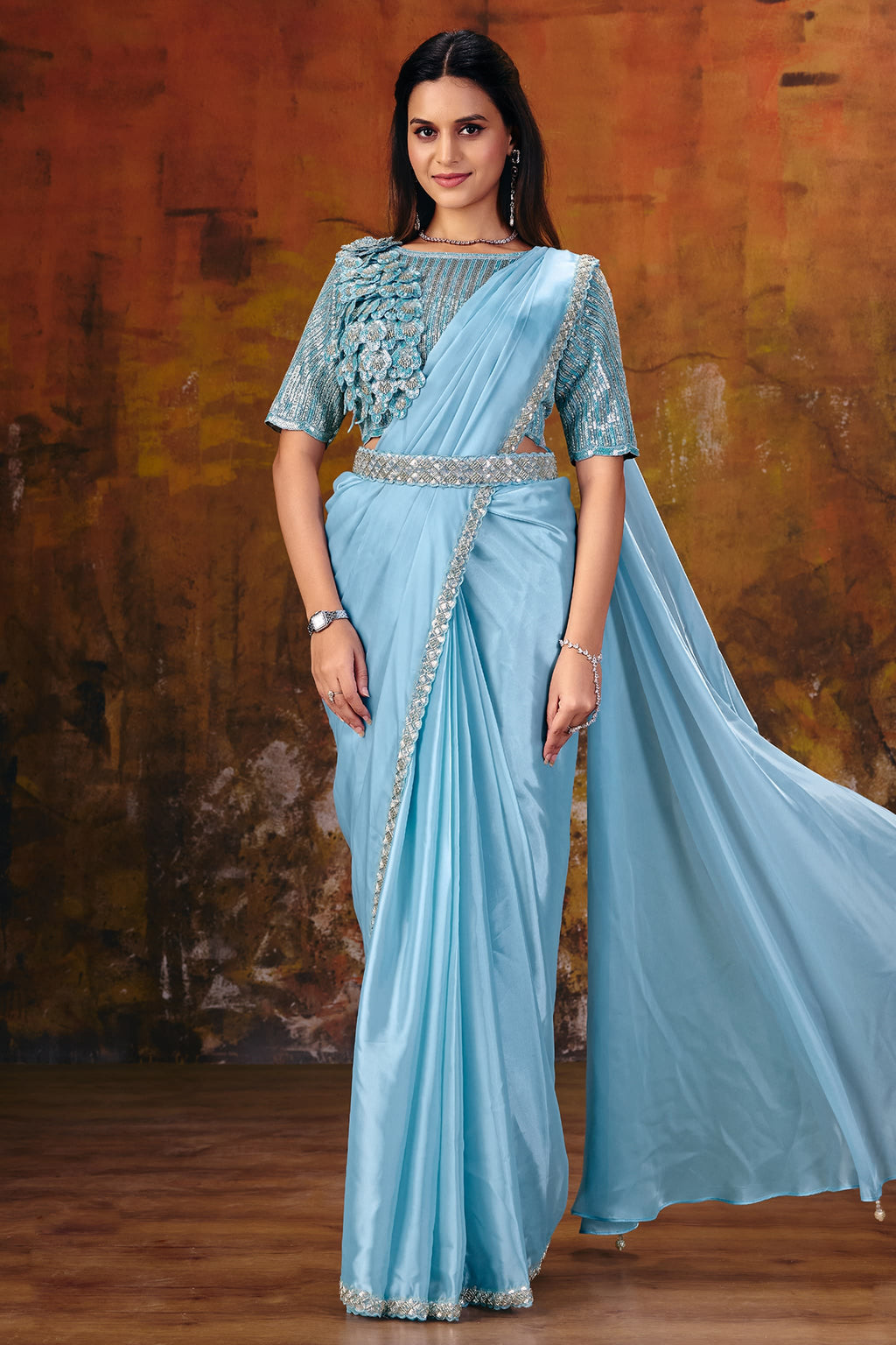 Light blue one-minute saree for diwali with sequin work, full front view