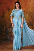 Light blue one-minute saree for diwali with sequin work, full front view