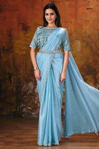 Light blue one-minute saree for diwali with sequin work, full front view