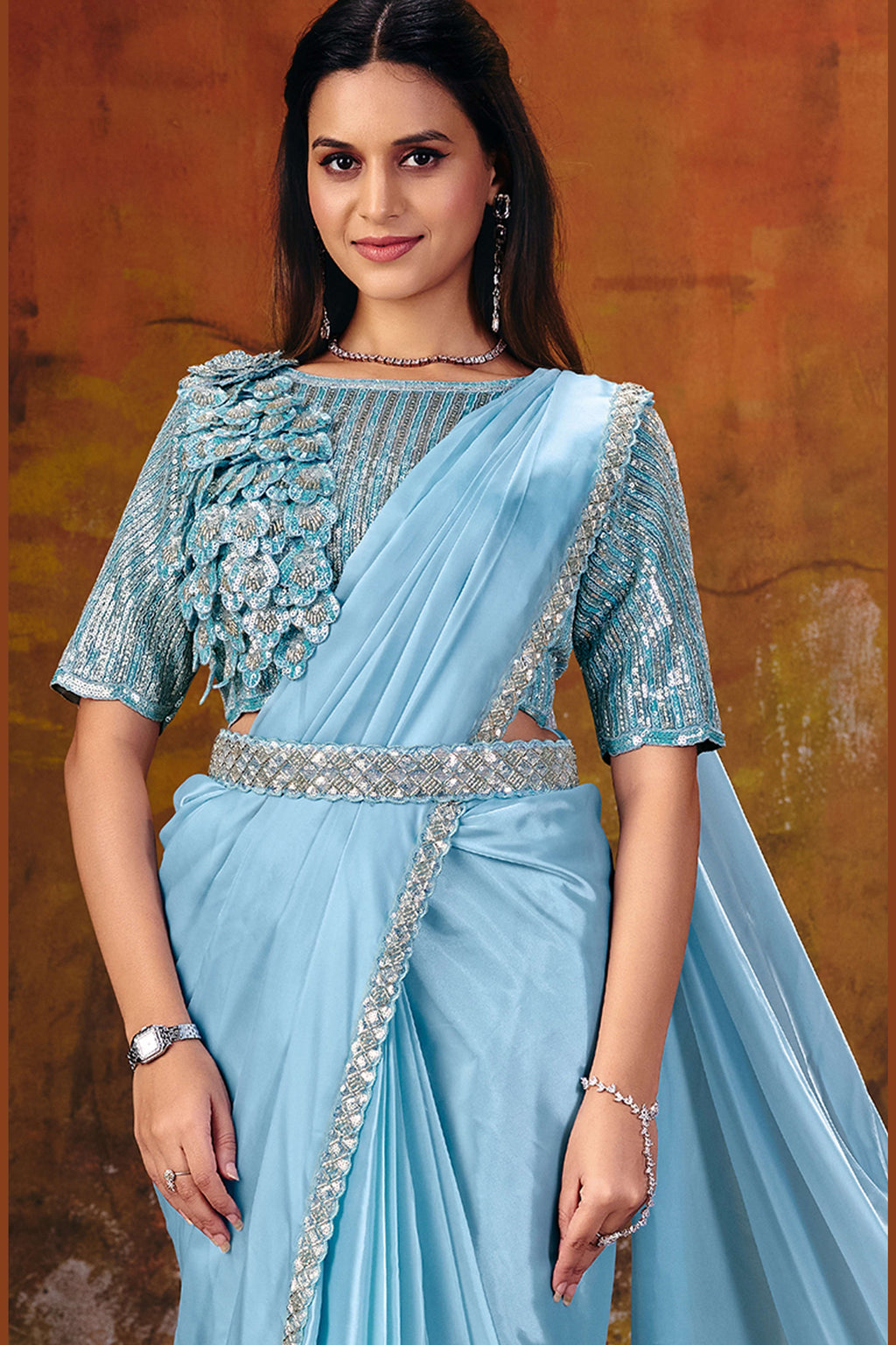 Light blue party wear saree drape detail with beaded border