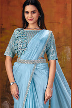 Light blue party wear saree drape detail with beaded border