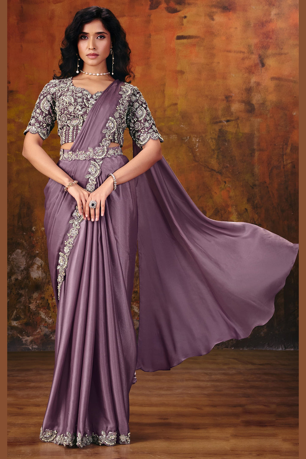 Mauve satin silk ready-to-wear sequin saree with pearl work, full front view