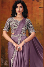 Designer mauve saree side view with flowing satin drape