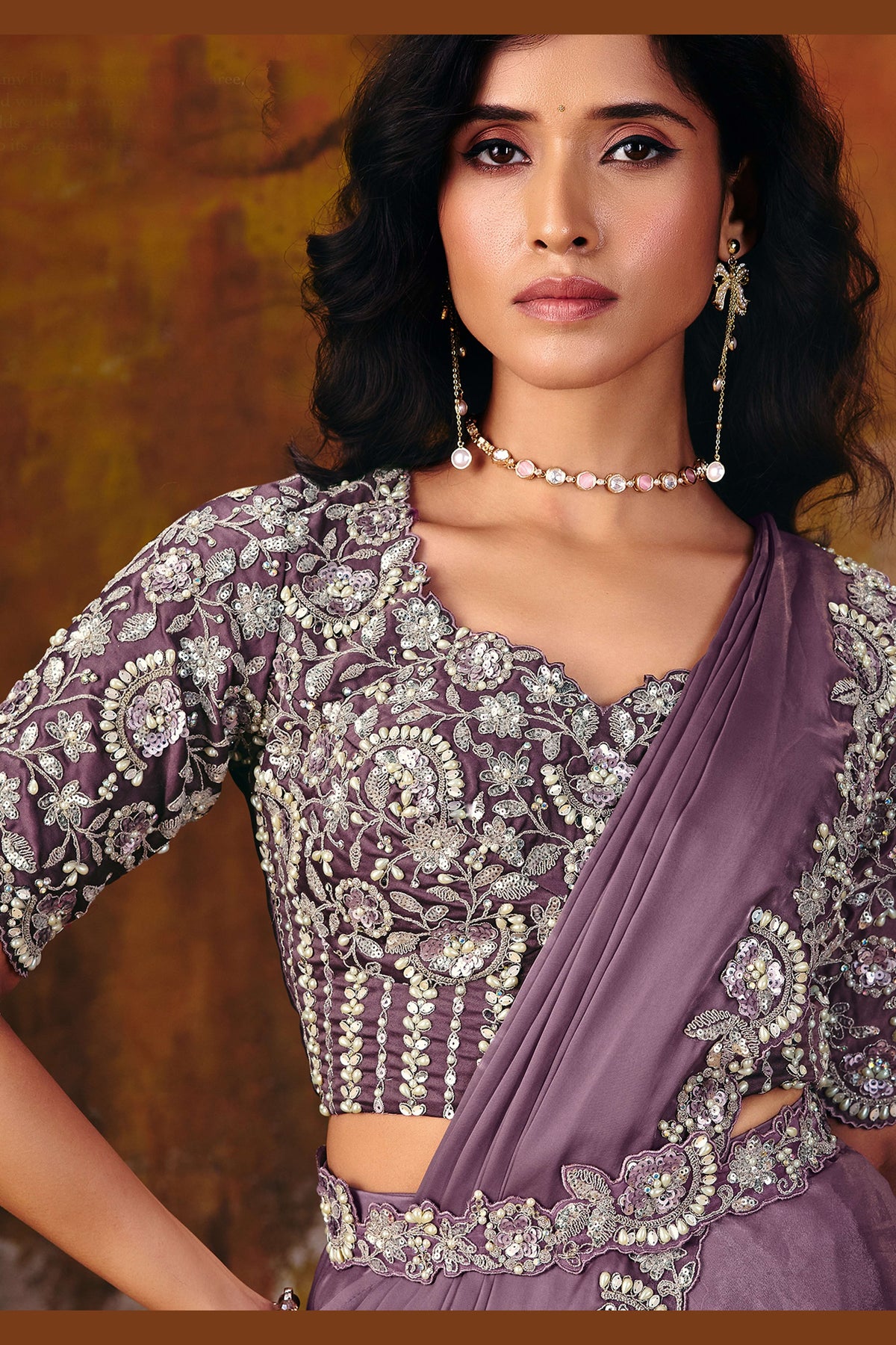 Mauve sequin saree back view of the embroidered blouse