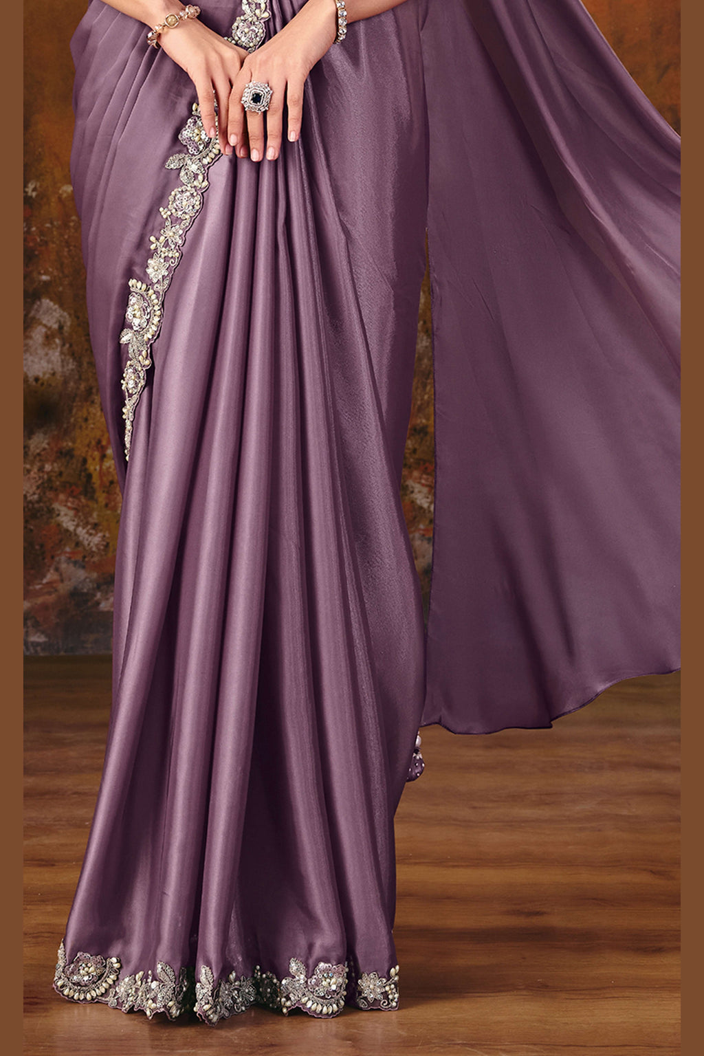 Mauve saree for engagement closeup of pearl border work