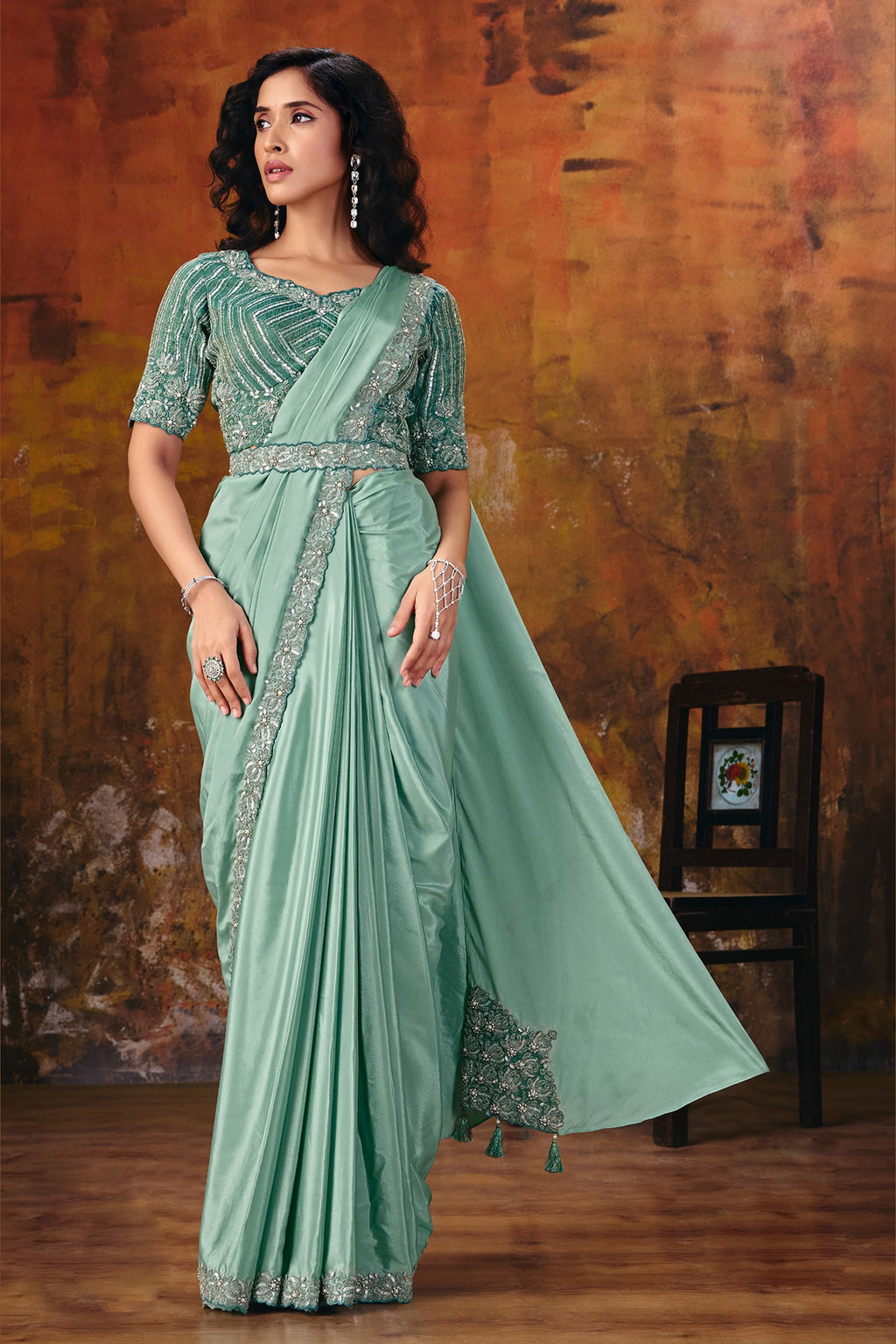 Sea green embroidered saree with sequin and pearl work, full front view