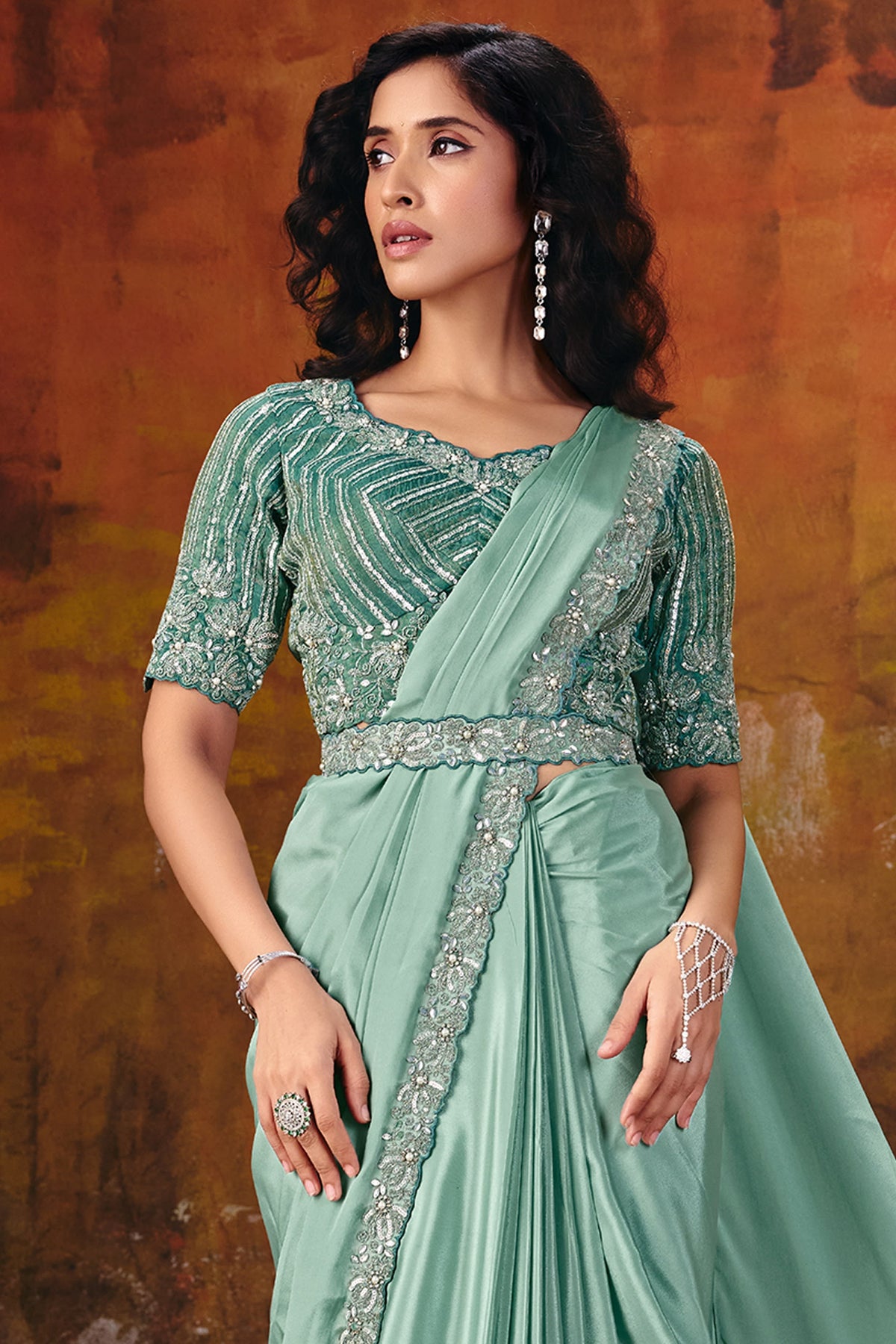 Sea green saree for diwali drape closeup showing embellished border