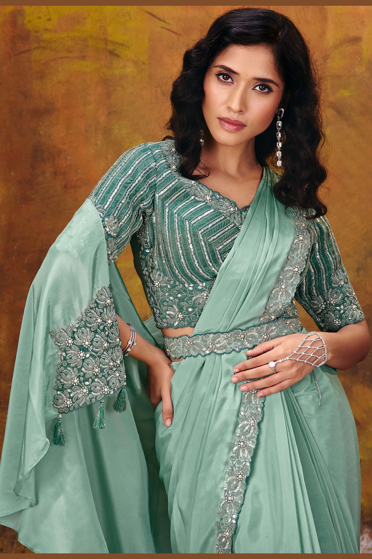 Sea green saree with blouse side view, simmer silk top with crepe drape
