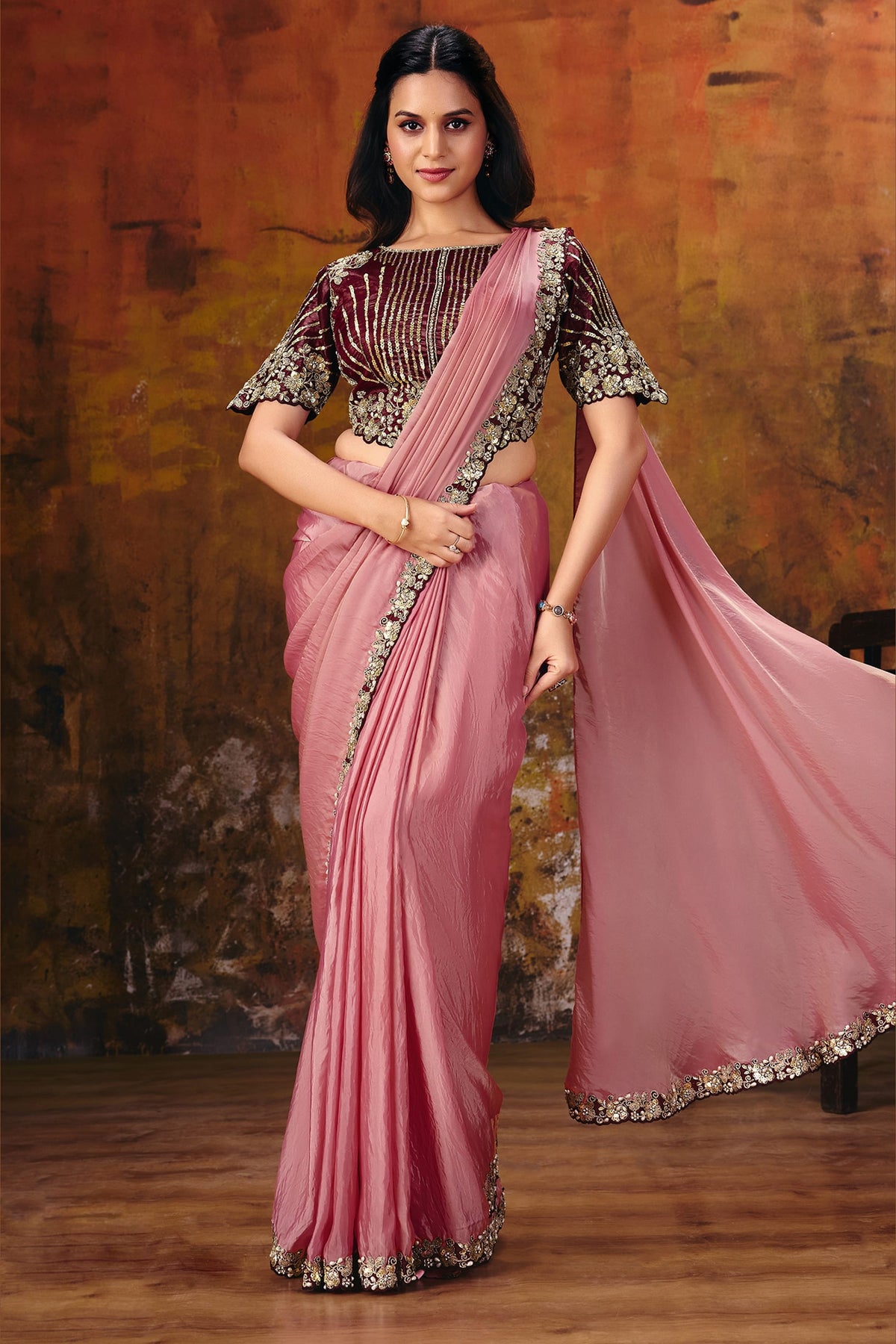 Pink ready to wear saree with sequin embroidery, model in full front view