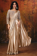 Champagne golden pre draped saree with embellished net blouse and belt, full front view