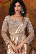 Champagne golden designer saree blouse closeup with sequin and bead work