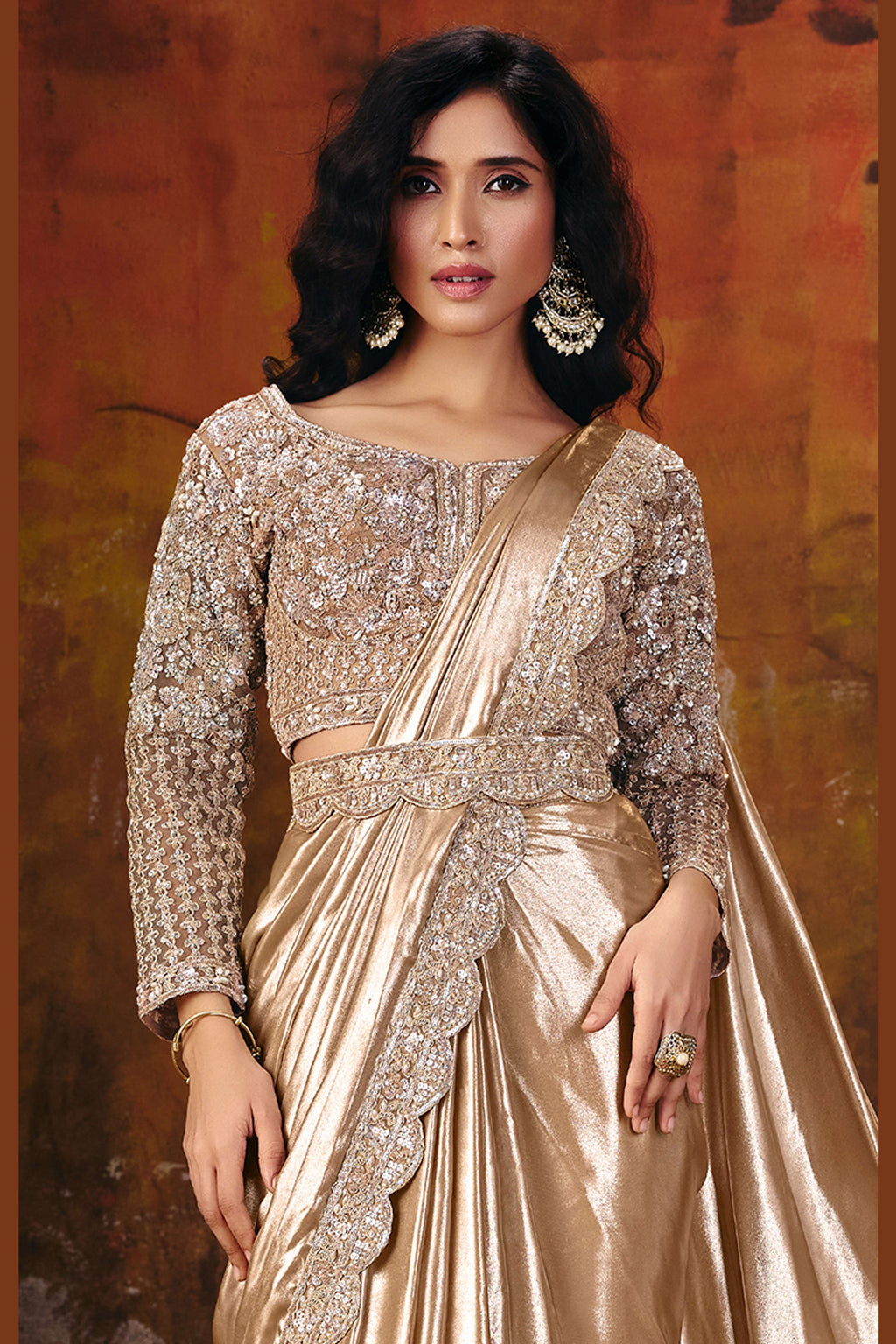 Champagne golden silk saree for wedding drape detail with embellished border