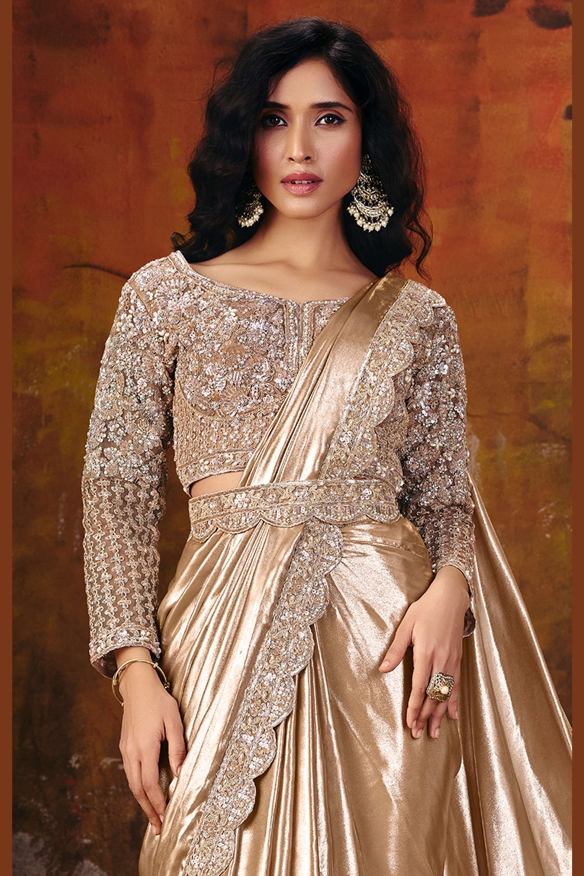 Champagne golden silk saree for wedding drape detail with embellished border