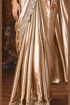 Champagne golden pre draped saree full view with pleated pallu