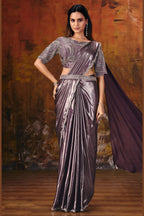Mauve pre stitched saree with embellished blouse and belt, full front view