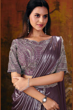 Mauve saree for wedding blouse closeup with sequin and pearl embroidery