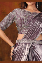 Mauve pre stitched saree full view with elegant pallu drape