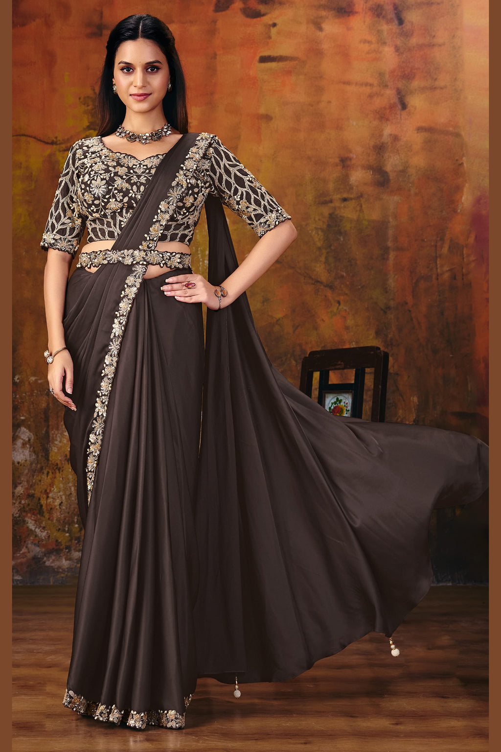 Dark brown one minute saree for party with embellished blouse and belt, full front view