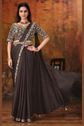 Dark brown one minute saree for party with embellished blouse and belt, full front view