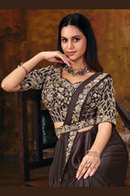 Dark brown saree for party side view with flowing satin drape