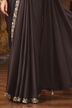 Dark brown embroidered saree full view with pleated pallu