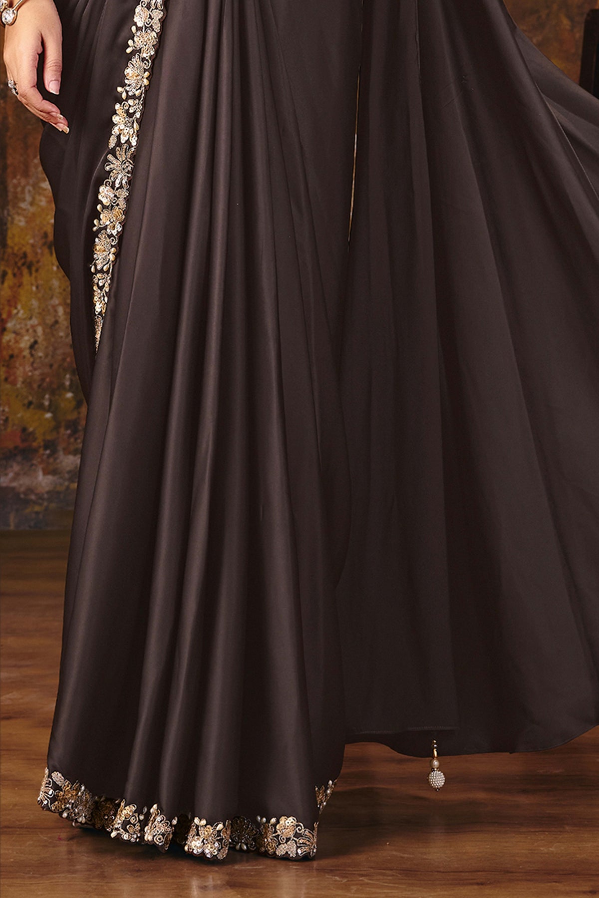 Dark brown embroidered saree full view with pleated pallu