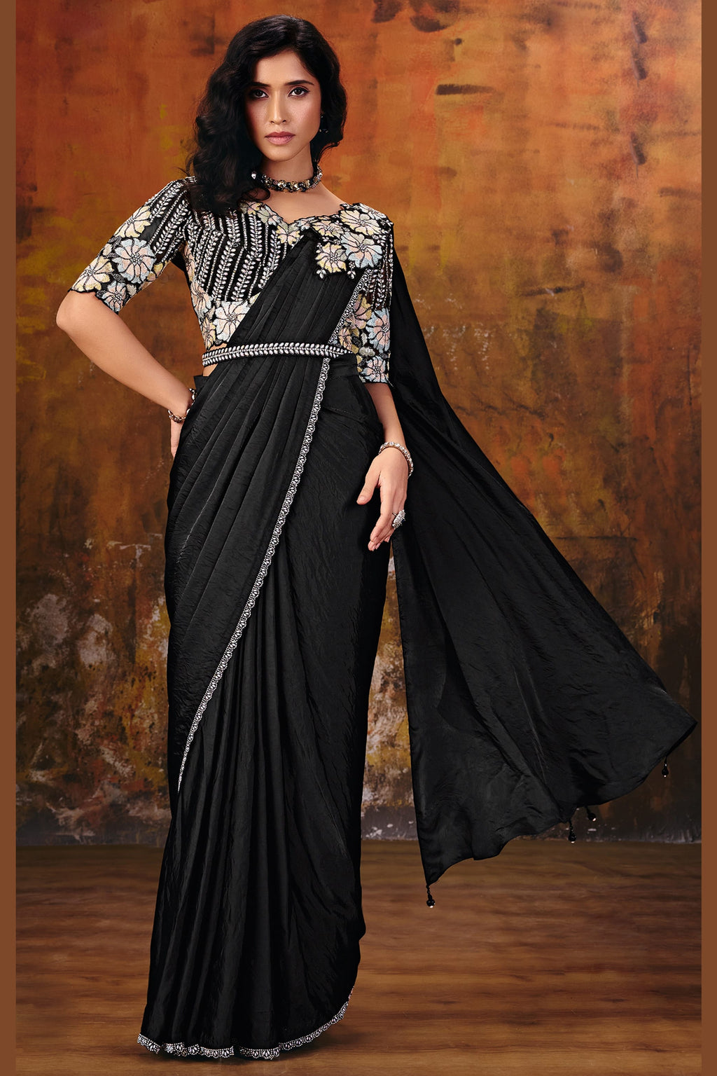 Black readymade saree with tissue silk blouse and belt, sequin and pearl work, full front view