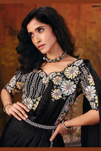 Black party wear saree blouse closeup with thread and sequin embroidery