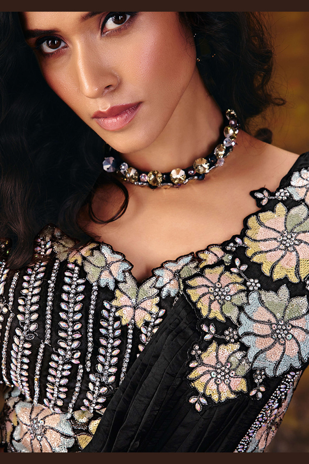 Black sequin saree drape detail with beaded border