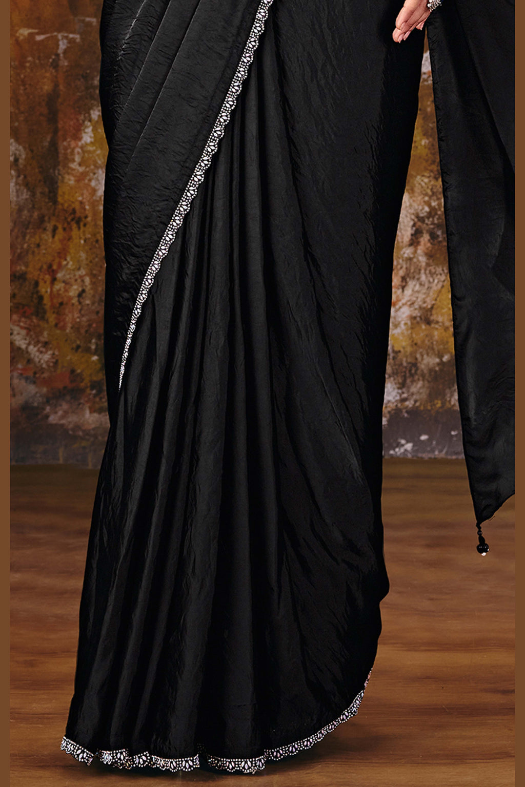 Black readymade saree full view with elegant pleated drape