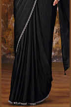 Black readymade saree full view with elegant pleated drape