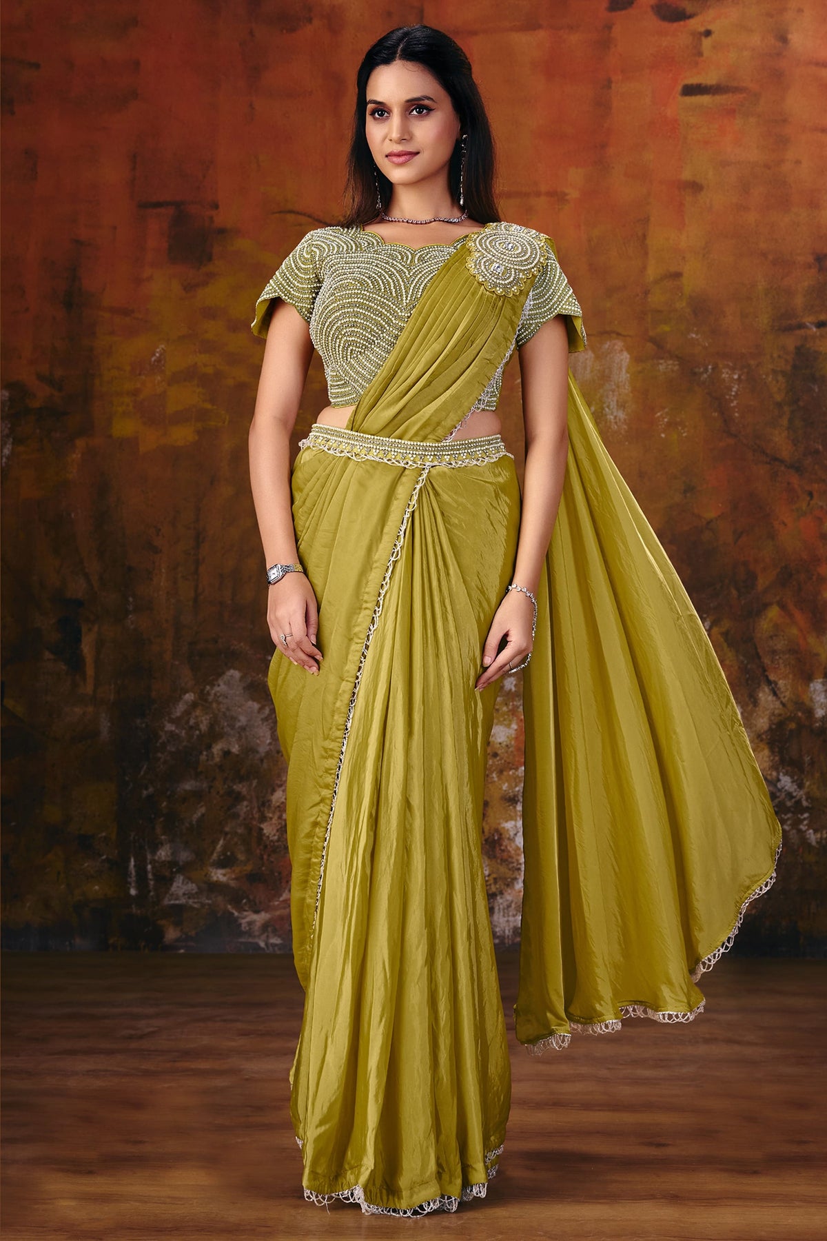 Olive ready to wear saree for party with pearl and stone work, full front view