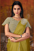 Olive sequin saree blouse closeup with pearl embroidery detail