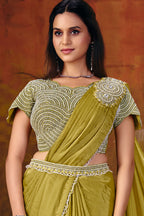 Olive saree for party drape detail with embellished border