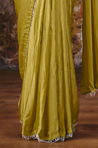 Olive ready to wear saree full view with pleated pallu