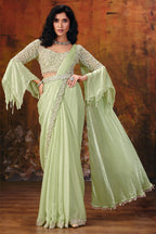 Mint green pre draped saree with blouse and belt, pearl work, full front view