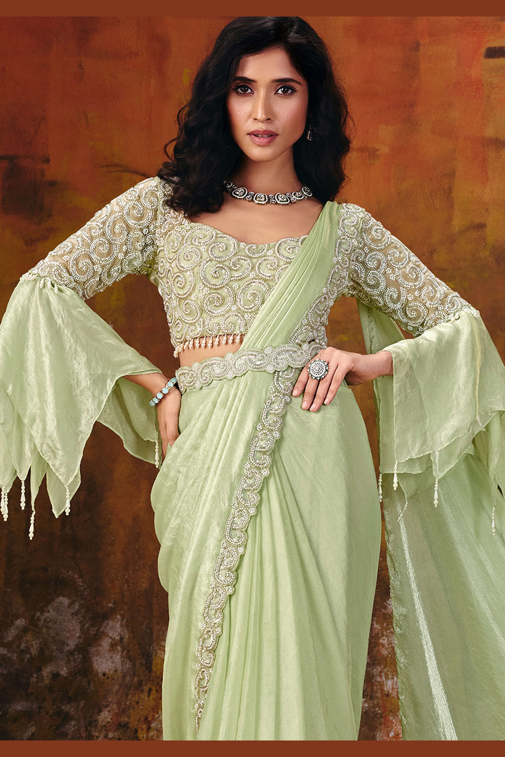 Mint green pre draped saree full view with elegant pallu