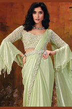 Mint green pre draped saree full view with elegant pallu