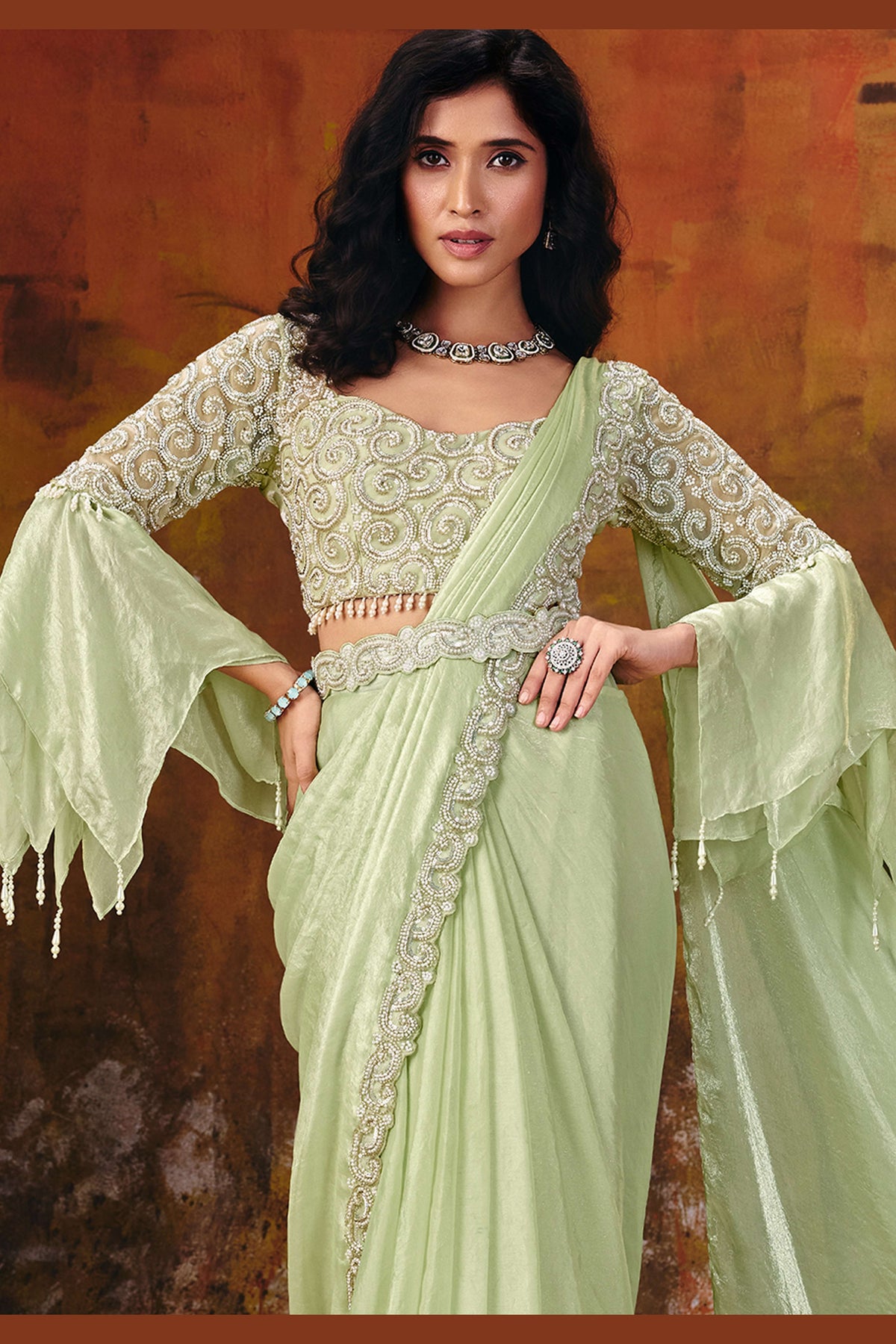 Mint green pre draped saree full view with elegant pallu
