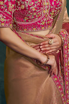 Hot pink embroidered saree, waist-down view of the shimmering pleats and drape