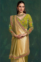 Yellow green saree for wedding, front view showing the zari border and floral motif embellished blouse