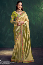 Yellow green silk saree for wedding with zari work, full front view of the draped tissue silk saree