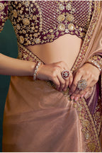 Brown saree for reception, waist-down view of the pleats and shimmering tissue silk drape