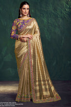 Champagne golden embroidered saree with zari work, full front view of the kanjivaram zari tissue drape