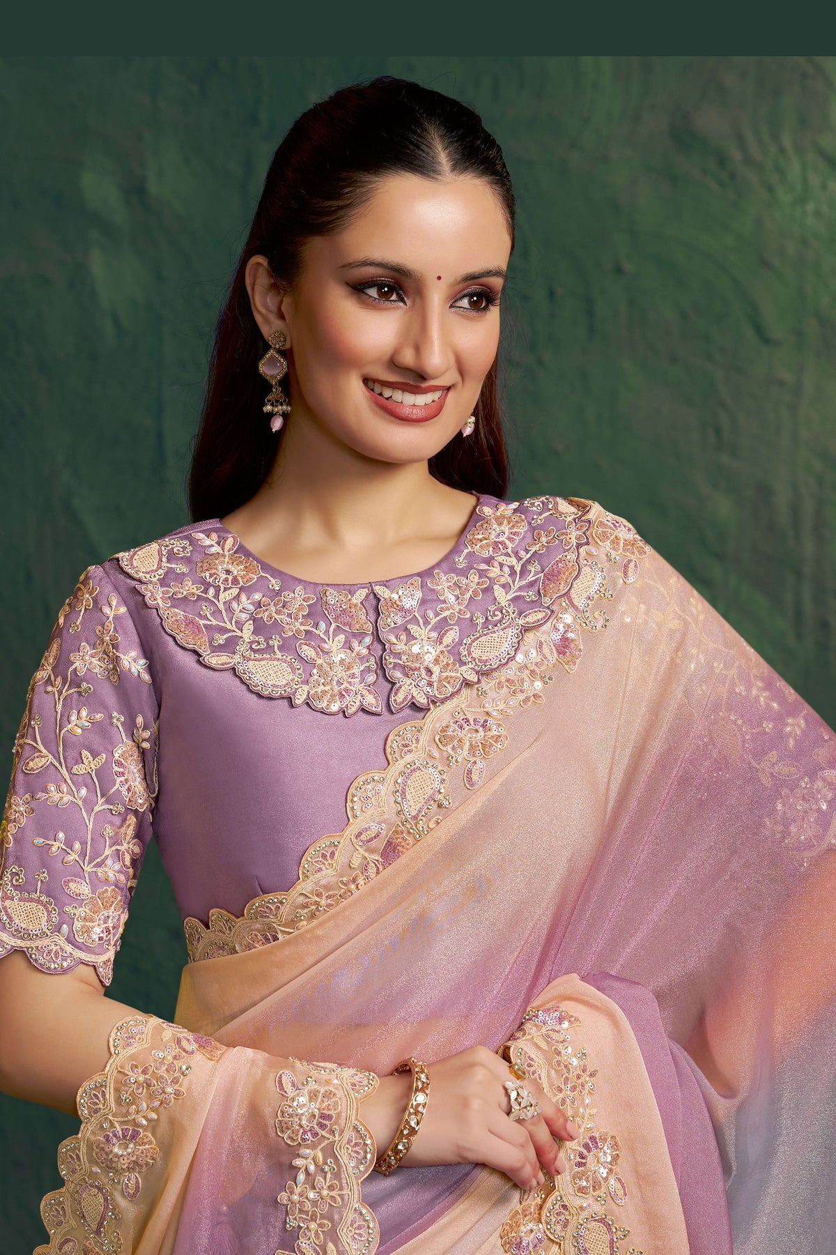 Lavender embroidered saree, front view showing the diamond work embellished blouse and pallu