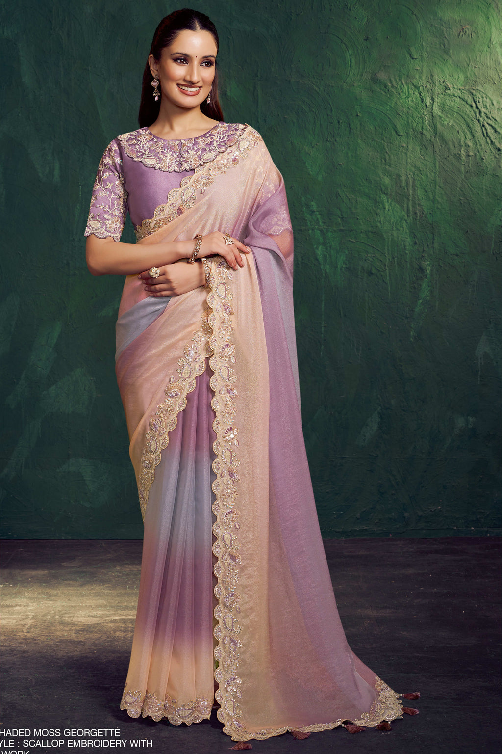 Lavender sequin saree with diamond work, full front view of the shaded georgette draped saree