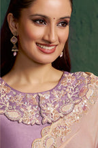Lavender saree for engagement, upper-body closeup of the embroidery and diamond work detail